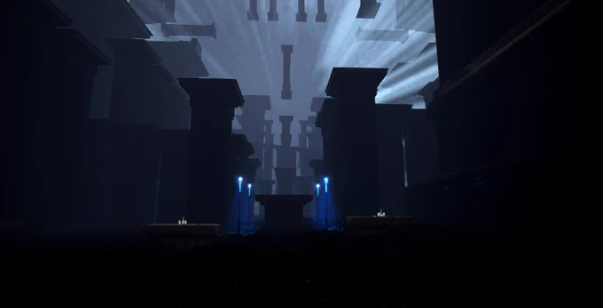 A strange arrangement of enormous pillars is extending into the sky. Left and right of the scene an altar with candles is placed. Four blue lights show the way to the first platform. In the distance pillars can be seen hanging in mid air. The scene is surreal, like a strange dream.