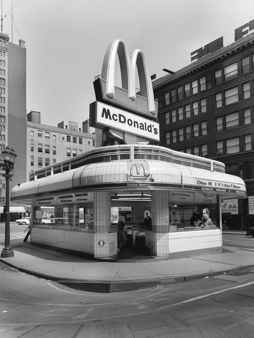 distinctive white-tiled building, the first "McDonald's" restaurant --v 6.0 --ar 3:4 
