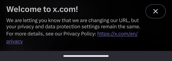A notification from "X" (nee: twitter) telling us that they're finally swapping to x.com being the authoritative domain for Twitter