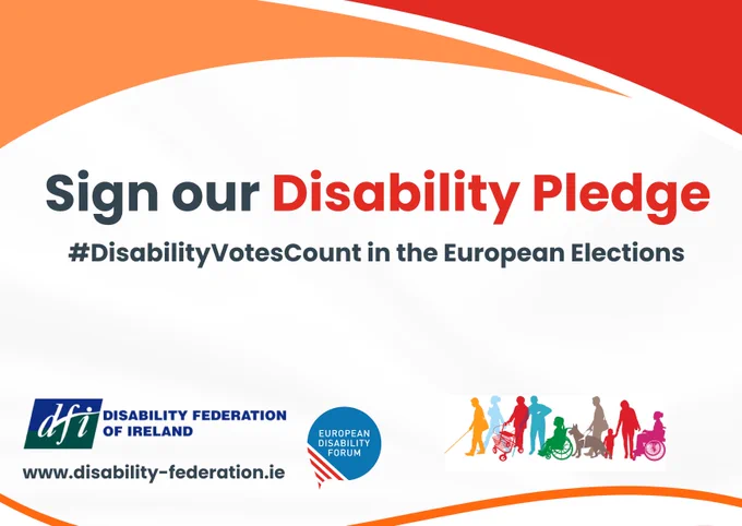 Visual of disability pledge wording including DFI logo and EDF logo with a call to sign our disability pledge 