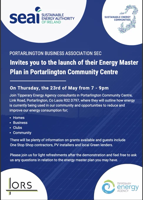 Please come to the launch of the Energy Master Plan for Portarlington on 23 May at 7pm in the Portarlington Community Centre.