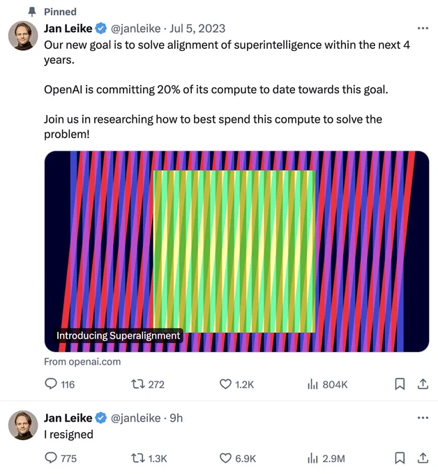 A pinned tweet by OpenAI's Jan Leike discussing the company's goal of solving alignment of superintelligence within the next 4 years, then a tweet of his from yesterday simply saying "I resigned".