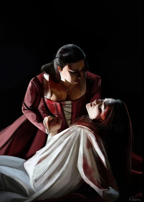 Digital painting of soldier and Rose, lit dramatically in an entirely black background. The Soldier lies unconscious in white, propped up by Rose, in a red dress, kneeling and holding her hand. Both of them have blood on their clothing and it's running down soldier's temple. 
