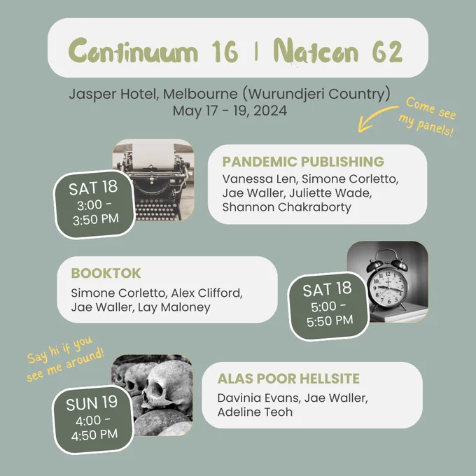 I’ll be at Continuum in Melbourne this weekend, talking about publishing and social media! Come check out my panels, or if you see me around, feel free to say hi!

Pandemic Publishing: Sat May 18, 3 - 3:50 PM

Has publishing changed since 2020? And if yes, is that because of the pandemic, or other forces? How has it changed and what does that mean for authors and readers?


BookTok: Sat May 18, 5 - 5:50 PM

From viral dances to viral bestsellers, BookTok has become a major force in publishing. Our panelists discuss the hows, whys, upsides and downs.


Alas Poor Hellsite: Sun May 19, 4 - 4:50 PM

Farewell, Twitter. Hello, … X? The future of social media – and of fandom on social media. Do we go to Tumblr? Substack? Are we all going to go back to blogging? Is it time to get a Neocities account?