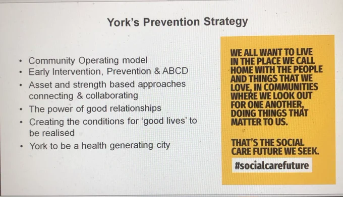A slide about the York Prevention Strategy with bullet points; community operating model; early intervention, prevention and ABCD; asset and strength based approaches connecting and collaborating; the power of good relationships; creating the conditions for good lives to be realised; York to be a health generating city