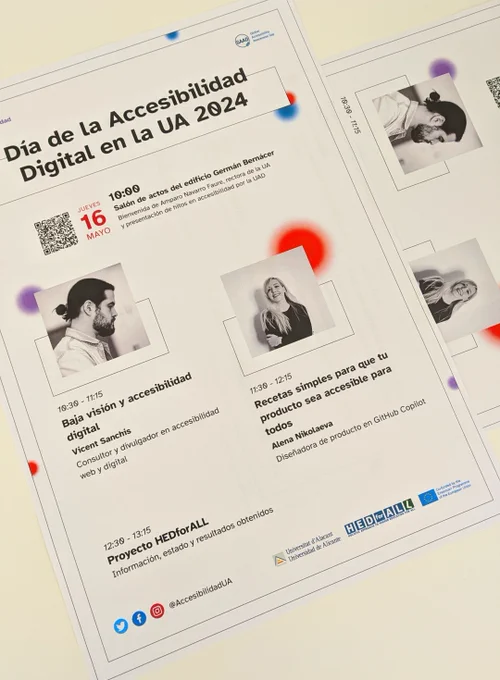 Carteles del Día de la Accesibilidad Digital en la UA 2024, que se celebra el 16 de mayo a las 10h en el salón de actos del edificio Germán Bernácer