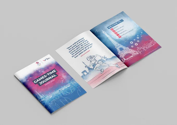 A copy of the Games-Time Journal showcasing the designs for Paris 2024