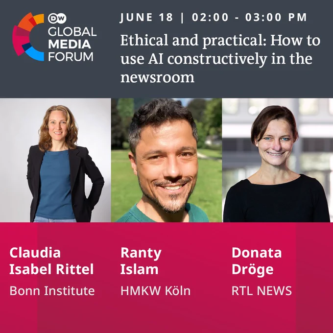DW Global Media Forum
June 18 | 02:00 - 03:00 PM
Ethical and practical: How to use AI constructively in the newsroom

Claudia Isabel Rittel, Bonn Institute
Ranty Islam, HMKW Köln
Donata Dröge, RTL News