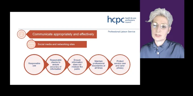 Screenshot from the #myHCPCstandards webinar on the revised standards of conduct, performance and ethics. The presentation onscreen shows the details of standard 2. 