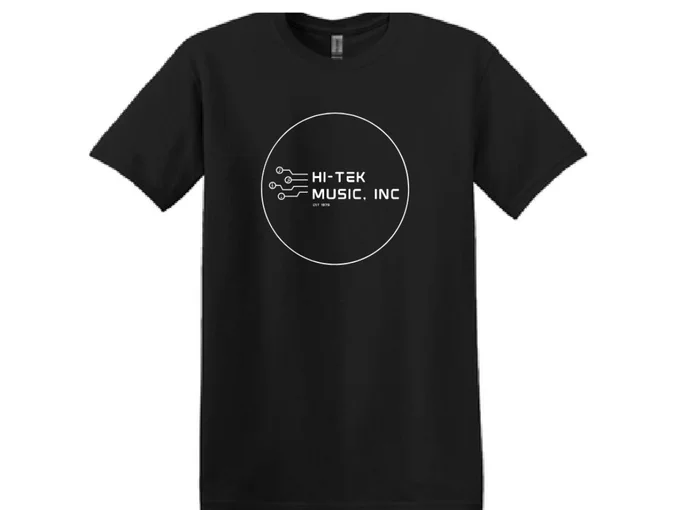 A black t-shirt available at hitekmusic.bandcamp.com that features the Hi-Tek Music Inc. logo.