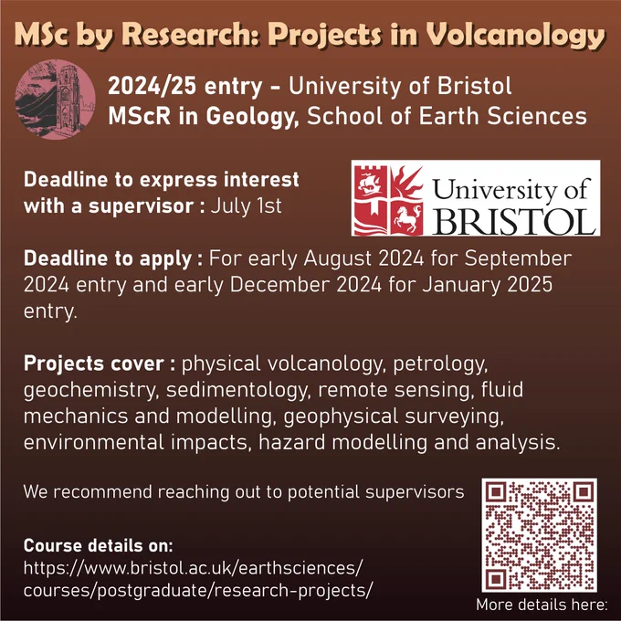 MSc by Research: Projects in Volcanology
Deadline to express interestwith a supervisor : July 1st
Projects cover : physical volcanology, petrology,geochemistry, sedimentology, remote sensing, fluid mechanics and modelling, geophysical surveying, environmental impacts, hazard modelling and analysis.
We recommend reaching out to potential supervisors 
Course details on:
https://www.bristol.ac.uk/earthsciences/courses/postgraduate/research-projects/
