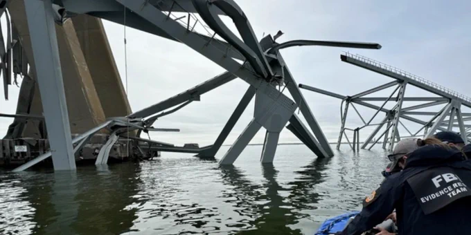 FBI Evidence Response Team surveying the damage at Francis Scott Key Bridge in Baltimore following collapse. Image courtesy of FBI Baltimore Field Office