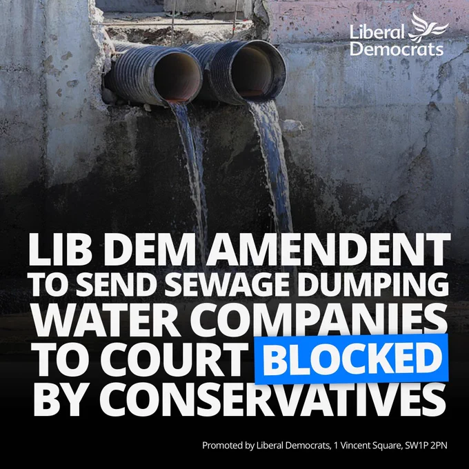 Lib Dem amendment to send sewage dumping water companies to court blocked by Conservatives