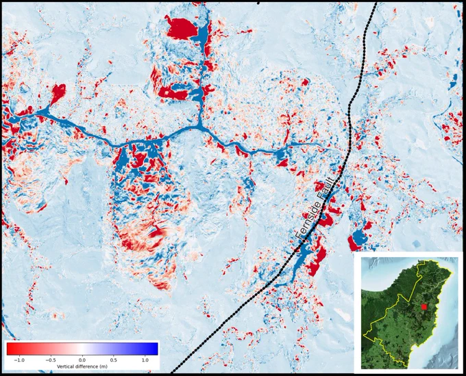 Difference map between the ground surface in Gisborne, New Zealand 2023 and Gisborne, New Zealand 2018-2020 near the Fernside Fault. Differences range from -1 m (dark red ) to  1m (dark blue). Note the large landslide / mass movement events in the upper part of the image.
