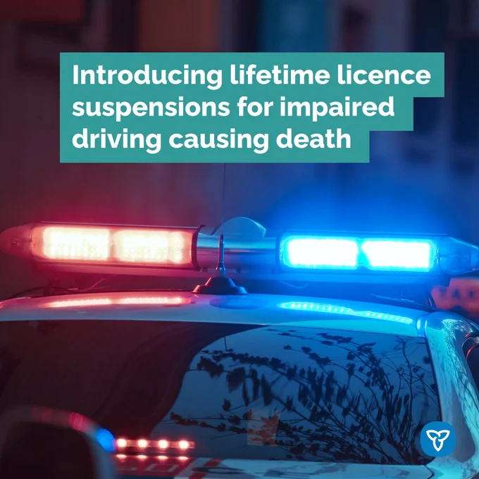 Photo of a police cruiser with flashing lights with text: introducing lifetime licence suspensions for impaired driving causing death