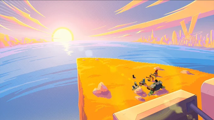 Chai, 808, Peppermint, Macaron, CNMN, and Korsica looking off into the sunset as Chai plays guitar.