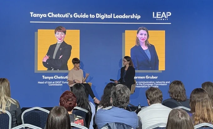 Photo of Tanya Chetcuti and Carmen Gruber in a debate in LEAP summit 
