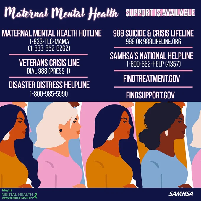 Maternal Mental Health Support is Available Maternal Mental Health Hotline 1-833-TLC-MAMA (1-833-852-6262)  988 Suicide & Crisis Lifeline 988 or 988Lifeline.org SAMHSA's National Helpline 1-800-662-HELP (4357) Disaster Distress Helpline 1-800-985-5990 FindTreatment.gov FindSupport.gov Veterans Crisis Line Dial 988 (press 1)