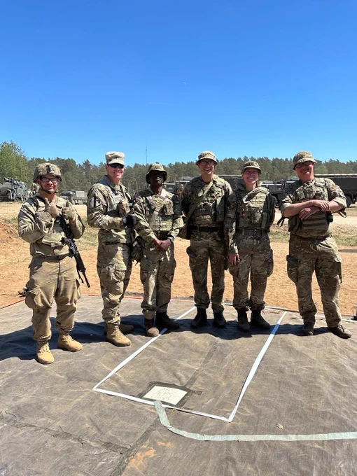 Six Army chaplains dressed in combats stood side by side with a bright blue sky above them.
