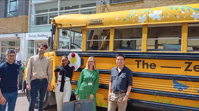 Lloyds Bank Foundation staff benefitting from health and wellbeing mindfulness from the lovely staff at The Zen Project who visited us in their big yellow tour bus at NCVO Society Building.