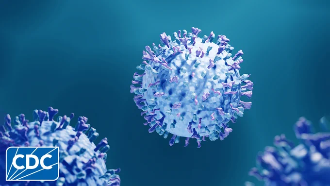 Blue virus strain graphic. CDC logo bottom left.
