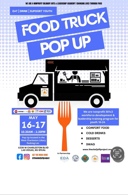 Eat. Drink. And help support local youth at our #FoodTruck Pop Up with @Chefjefflive at #WestCharlestonLibrary on May 16 & 17 from 10:30 a.m. - 1:30 p.m. 🍽️ 🚚 

😋 Comfort Food
💦 Cold Drinks
🍦 Desserts
😎 Free Swag

Branch address: https://thelibrarydistrict.org/locations/WC #LibrariesDoThat