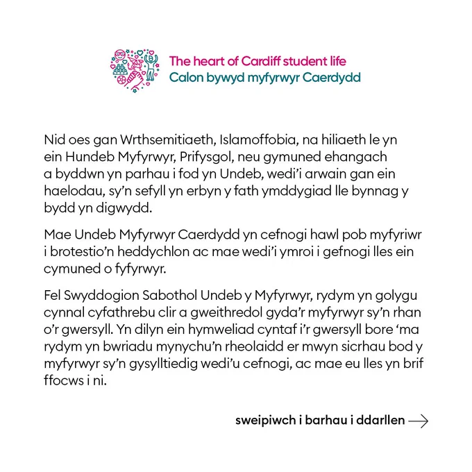 Nid oes gan Wrthsemitiaeth, Islamoffobia, na hiliaeth le yn ein Hundeb Myfyrwyr, Prifysgol, neu gymuned ehangach
a byddwn yn parhau i fod yn Undeb, wedi’i arwain gan ein haelodau, sy’n sefyll yn erbyn y fath ymddygiad lle bynnag y bydd yn digwydd.
Mae Undeb Myfyrwyr Caerdydd yn cefnogi hawl pob myfyriwr i brotestio’n heddychlon ac mae wedi’i ymroi i gefnogi lles ein cymuned o fyfyrwyr.
Fel Swyddogion Sabothol Undeb y Myfyrwyr, rydym yn golygu cynnal cyfathrebu clir a gweithredol gyda’r myfyrwyr sy’n rhan o’r gwersyll. Yn dilyn ein hymweliad cyntaf i’r gwersyll bore ‘ma rydym yn bwriadu mynychu’n rheolaidd er mwyn sicrhau bod y myfyrwyr sy’n gysylltiedig wedi’u cefnogi, ac mae eu lles yn brif ffocws i ni.