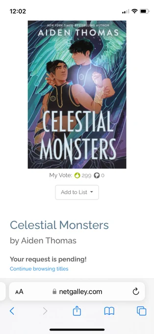 Beautiful cover, universally beloved of CELESTIAL MONSTERS by Aiden Thomas with the text “Your request is pending!” below