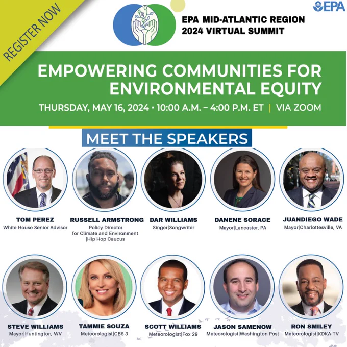 Graphic of speaker with text that reads Register now EMPOWERING COMMUNITIES FOR ENVIRONMENTAL EQUITY
THURSDAY, MAY 16, 2024 • 10:00 A.M. – 4:00 P.M. ET
VIA ZOOM