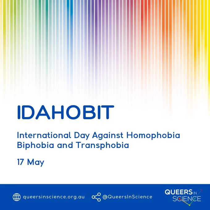 Queers in Science branded image tile that features the words IDAHOBIT - International Day Against Homophobia Biphobia and Transphobia 17 May