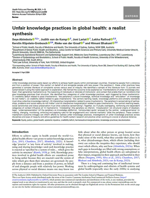 The first page of an article titled "Unfair knowledge practices in global health: a realist synthesis". The image contains the abstract and the first paragraph of the article.