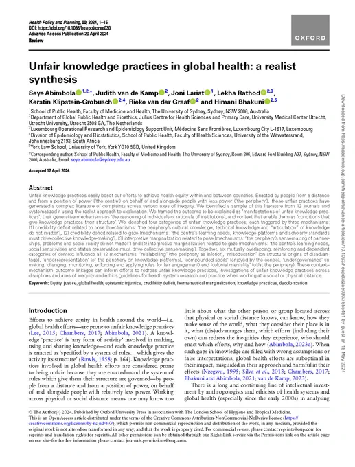 The first page of an article titled "Unfair knowledge practices in global health: a realist synthesis". The image contains the abstract and the first paragraph of the article.