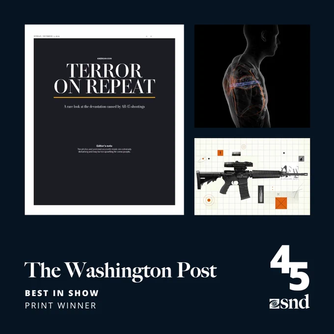 A navy background with the text “The Washington Post” in white written on it. Underneath that it reads “Best in Show Print Winner” in white. In the bottom right corner is a white SND logo and SND45 logo. There is a composite of one print page and two screen grabs from The Post’s American Icon series above the text.