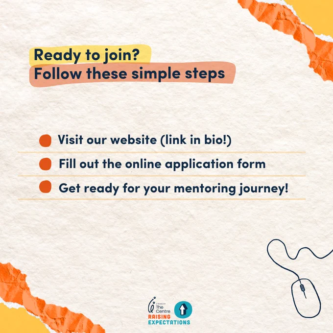 Image reads: Ready to join? Follow these simple steps
- Visit our website (link in bio!)
- Fill out the online application form
- Get ready for your mentoring journey!