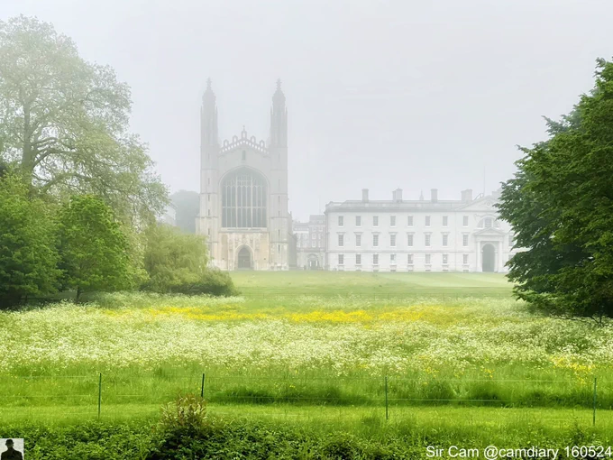 King’s College Chapel viewed from The Backs on a misty Thursday morning, 16 May 2024.
