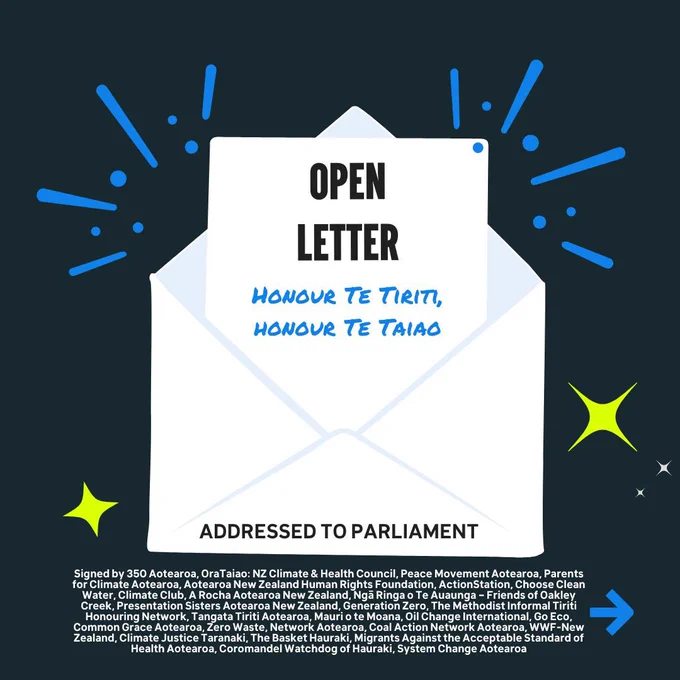 A letter is coming out of an envelope. On the letter, it says "Open Letter Honer Te Tiriti, Honour Te Taiao". Blue sparkles around the envelope.