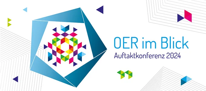 Text: "OER im Blick Auftaktkonferenz 2024" - fünf gleiche unregelmäßige Dreiecke, die zusammen ein Fünfeck ergeben