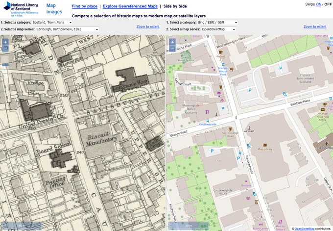side by side view of historic Ordnance Survey map of Causewayside in Edinburgh, alongside OpenStreet map 