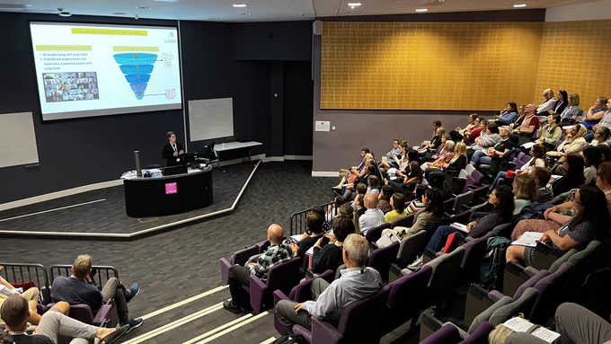 Prof. Monica Busse talking about the first-time Principal investigator (PI) Site Map she and Dr Sue Channon developed - 
at the #CTRCelebratingPartnerships event in the Hadyn Ellis Building at Cardiff University on 16th May 2024.