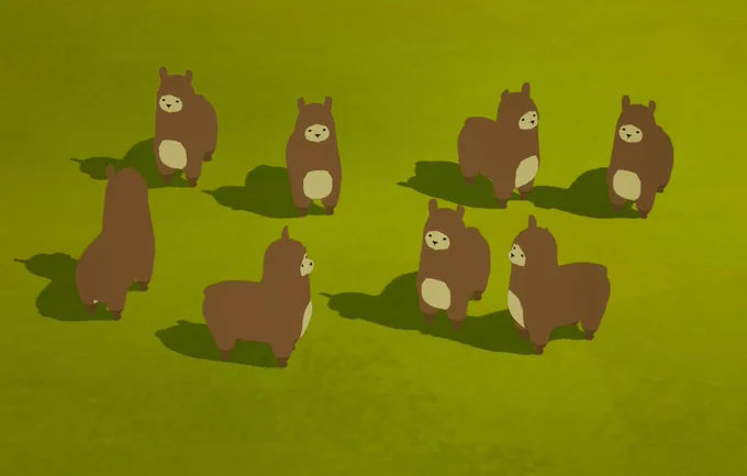  A group of cute alpacas standing and staring at each other.