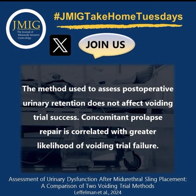 White text in blue background that reads the method used to assess postoperative urinary retention does not affect voidng trial success. Concomitant prolapse repair is correlated with greater likelihood of voiding trial failure. 