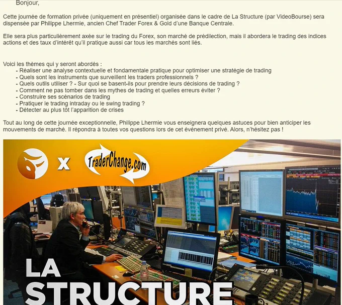 Mailing présentant la journée de formation avec Philippe Lhermie, Trader professionnel, via La Structure (par VideoBourse)