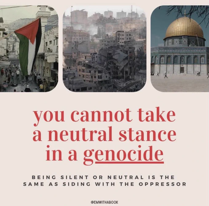 An image of Palestine with the words you cannot take a neutral stance in a genocide
BEING SILENT OR NEUTRAL IS THE SAME AS SIDING WITH THE OPPRESSOR