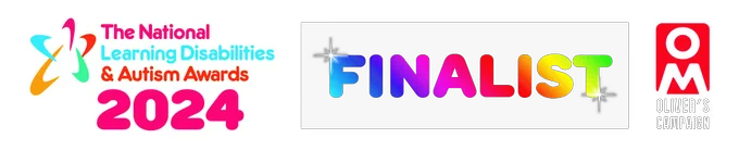 The 2024 awards logo, Oliver McGowan Oliver's Campaign logo and the word 'finalist' in a sparkly rainbow font against a black background.