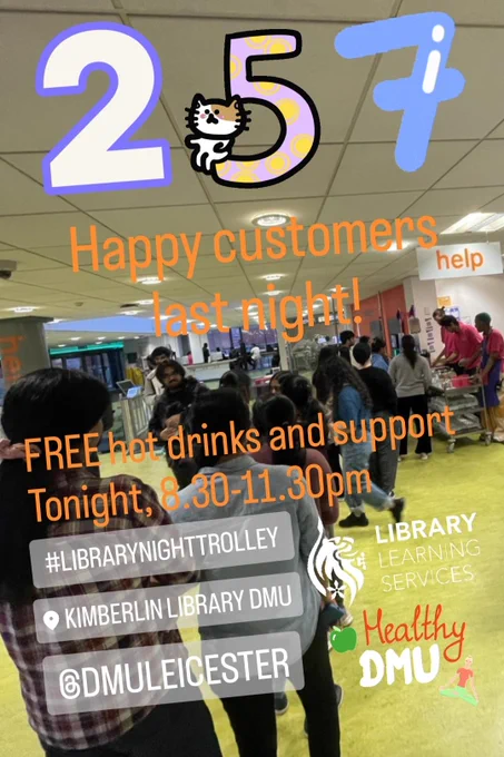 Library Night Trolley customers queuing for free hot drinks in Kimberlin Library