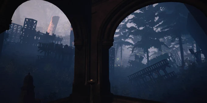 Looking out from inside a mausoleum, broken wooden beamstructures, boardwalks and cracked tree trunks can be seen in the distance