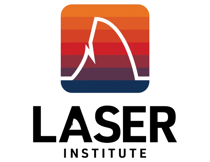 LASER Institute logo with multicolored stripes in the background of a white data line.