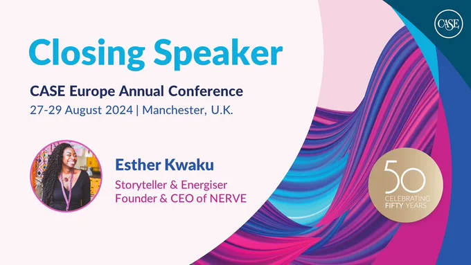 CASE branded graphic for the CASE Europe Annual Conference, highlighting the conference's closing key speaker, Esther Kwaku. 