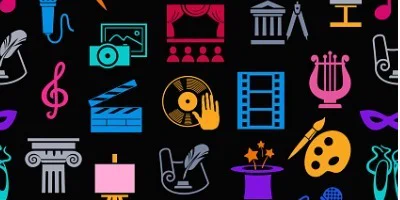 On a black background, colorful illustrated icons represent various types of arts and entertainment. Icons include a music note, a speaking podium, a microphone, a theater and stage, a hand spinning a disc, an ink pen, a magician's hat, a film strip, a harp, paints and a brush, a director's clipboard, and a camera.