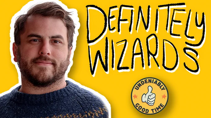 An image for the promotion of the UGT One-Shot that uses the Definitely Wizards system. It shows the special guest Jon Branch, and to the right of him is the logo for Definitely Wizards and the UGT logo